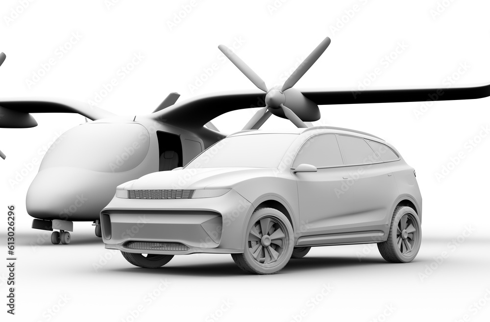 Poster clay rendering of an electric suv parking in front of an electric vtol passenger aircraft. 3d render