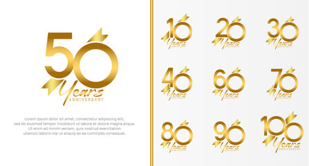 set of anniversary logo gold color number and golden ribbon on white background for celebration