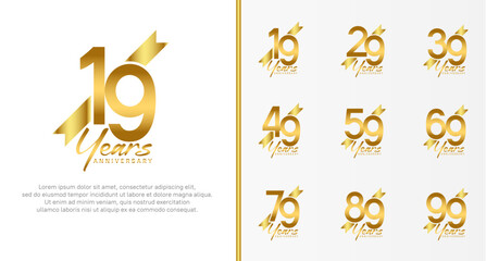 set of anniversary logo gold color number and golden ribbon on white background for celebration