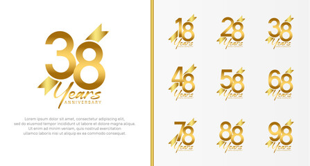 set of anniversary logo gold color number and golden ribbon on white background for celebration