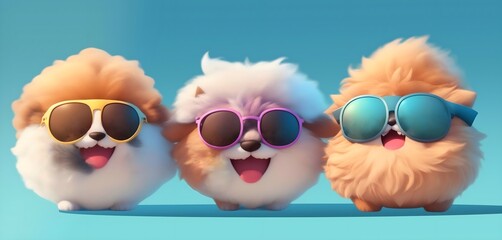 A group of three furry monsters with sunglasses on a blue background, AI generative
