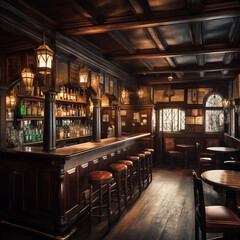 Old bar scene. Traditional or British style bar or pub interior, with wooden paneling and countertops. Generative AI