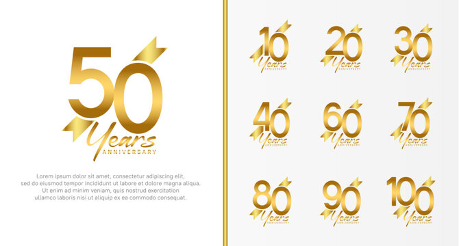 set of anniversary logo gold color number and golden ribbon on white background for celebration