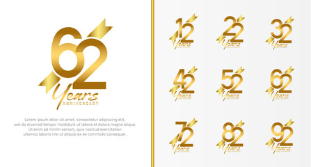 set of anniversary logo gold color number and golden ribbon on white background for celebration