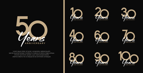 set of anniversary logo flat brown color number and white text on black background for celebration - obrazy, fototapety, plakaty