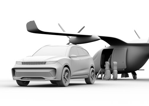 Clay rendering of an Electric SUV parking in front of an Electric VTOL passenger aircraft. 3D rendering image.