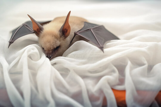 score Bat sleeps on a white blanket realistic photography. Generative AI