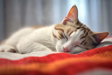 Fototapeta na wymiar Cat sleeps on a white blanket realistic photography. Generative AI