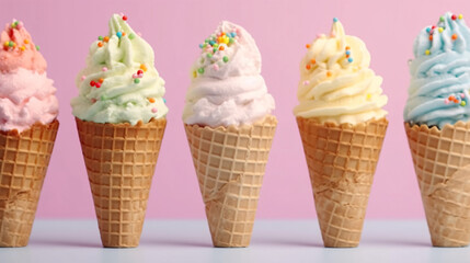 Variety of ice cream in various flavors on a blue background