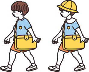 通園バッグを肩に掛けて歩く園児　保育園児　幼稚園児