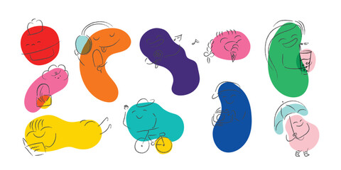 Set of Cute funny characters Geometric Figures with face emotions.  Hand drawn trendy Vector illustration for kids. 