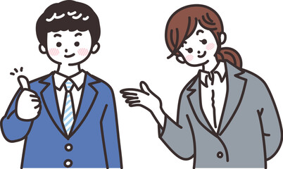サムズアップするビジネスマン　手差しで案内するビジネスウーマン