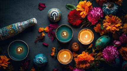 Candles and flowers on black background for Day of the Dead banner background