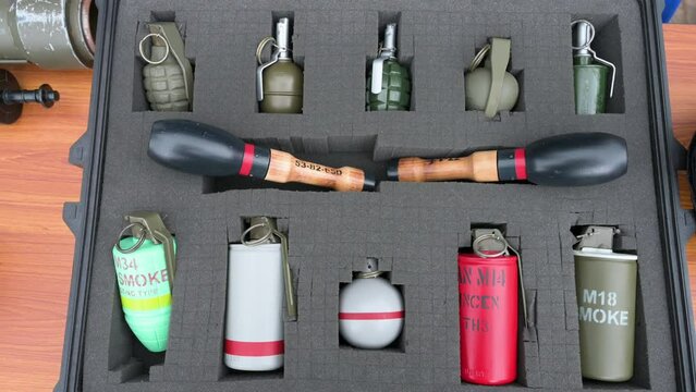 Demo explosive weapon ammunition suitcase seen during a police training exercise.