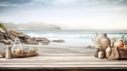 Fototapeta na wymiar Rustic Table with Beachy Backdrop