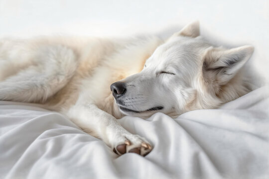 Wolf sleeps on a white blanket realistic photograph. Generative AI