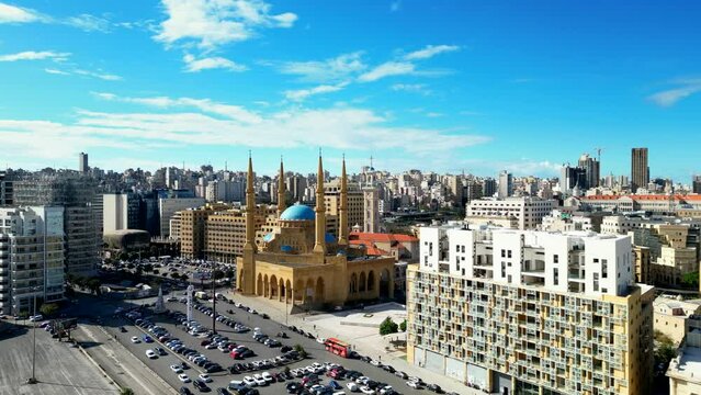 Drone shot rising over Mohammad Al Amin Mosque in downtown Beirut