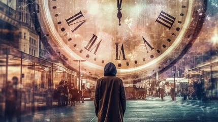 Fototapeta premium Generative AI, double exposure techniques to capture the concept of time travel.