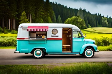 A cute 3D digital drawing of an ice cream, food truck. (AI-generated fictional illustration)
