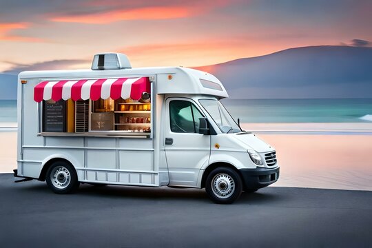 A cute 3D digital drawing of an ice cream, food truck. (AI-generated fictional illustration)
