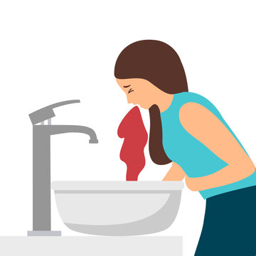 Woman vomiting blood in washbasin flat design on white background.