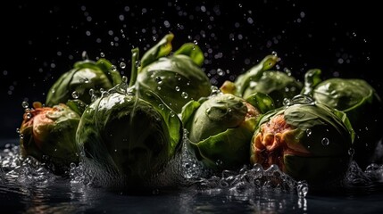Fototapeta na wymiar Brussels Sprouts hit by splashes of water with black blur background and perfect viewing angle