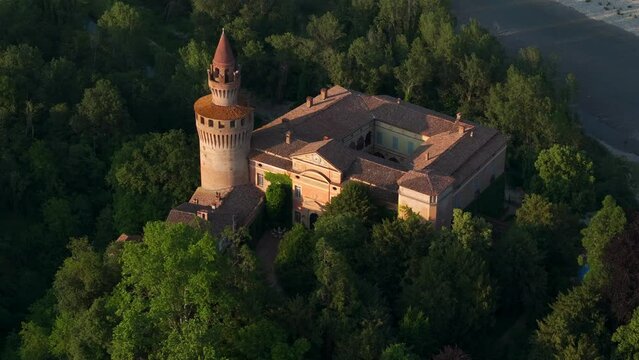 Aerial drone panoramic view of Rivalta castle, Piacenza in Italy