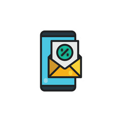 Email offer discount on mobile phone filled outline icons. Vector illustration. Isolated icon suitable for web, infographics, interface and apps.