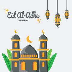 Eid al-Adha Celebration. Eid al adha themed greeting card with elements of mosque, hanging lantern. Vector illustration