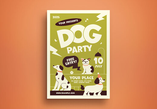 Green Flat Design Dog Party Flyer Layout
