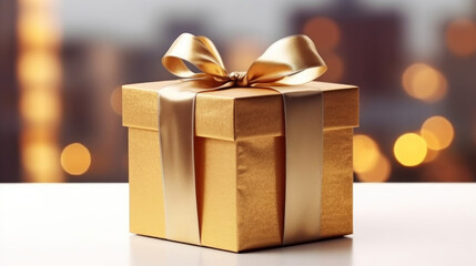 Small Christmas golden gift box on table and blur interior