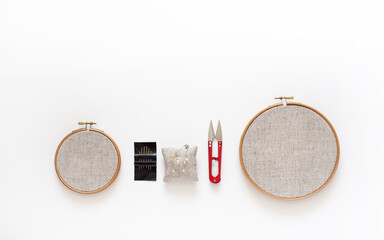 Wooden hoops with stretched linen canvas for hand embroidery, small pillow for needles, set of...