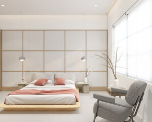 Modern japan style bedroom decorated with white cloth wall and minimalist bed, hanging lamp and bed side table, armchair and white roller blinds. 3d rendering