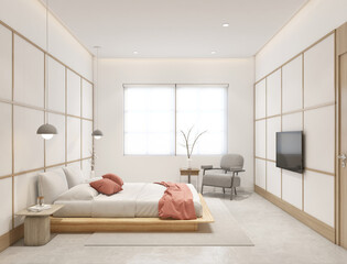 Modern japan style bedroom decorated with white cloth wall and minimalist bed, hanging lamp and bed side table, armchair and white roller blinds. 3d rendering