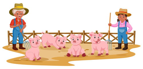 Cartoon of happy farmers and pigs on the farm