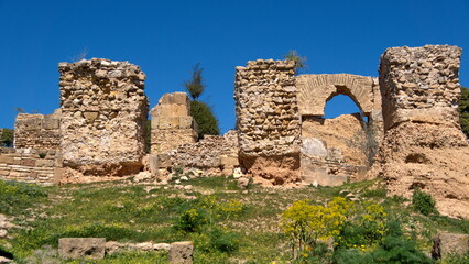 Stone columns and structures in the ruins of ancient Carthage in Tunis, Tunisia