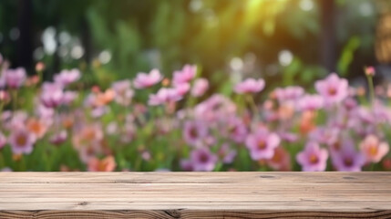 Wooden board empty table top and blur flower garden background 