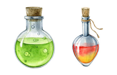 Glass bottle with potion hand painted set. Watercolor illustration. Acid liquid in a vintage style bottle with wooden cork. Hand drawn elixir in glass container element. White background