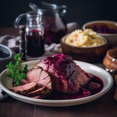 Hearty German Sauerbraten with Red Cabbage and Potato Dumplings Generative AI