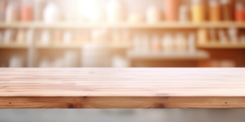 Wooden board empty table top and blur interior shop