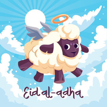 vector illustration. Muslim holiday Eid al-Adha. the sacrifice of a male white lamb flying to become the inhabitants of heaven.