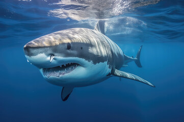 A great white shark swims in the Indian Ocean