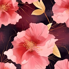 A seamless floral pattern. Pink flowers and golden leaves. Repeat background image. Generative AI.