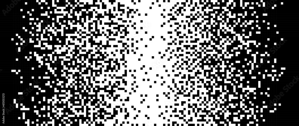 Aufkleber Pixelated halftone gradient texture. Fading pixel noise texture. Dissolving black and white wallpaper. Vector horizontal background