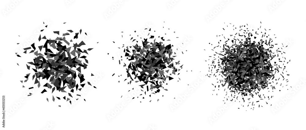 Poster set of debris and shatters in radial shape. black and grey broken smashed pieces, specks, speckles a