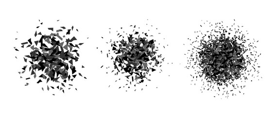Set of debris and shatters in radial shape. Black and grey broken smashed pieces, specks, speckles and particles. Abstract explosion and burst textured elements collection. Vector illustration 