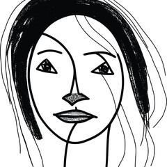 Abstract drawing of a woman's face, primitive, minimalist style, black and white, vector design