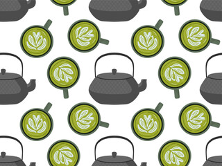 Seamless pattern with matcha cup and teapot. Traditional japanese healthy drink. Matcha tea mug, teapot. Vector flat repeated background for wallpaper, wrapping, packing, textile. Japanese drink