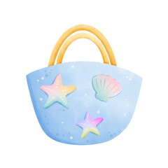 Blue handbag with starfish and seashell