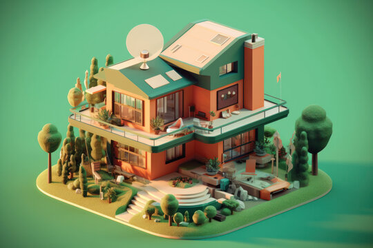 Photo 3d rendering of modern cozy house on the map isolated on green background